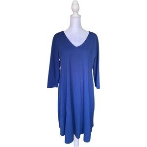 Soft Surroundings Womens Sz M Fit & Flare 3/4 Sleeve V-Neck Dress Blue